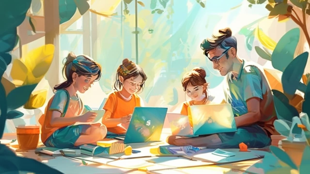 Children learning during the UK summer holidays with books and a laptop